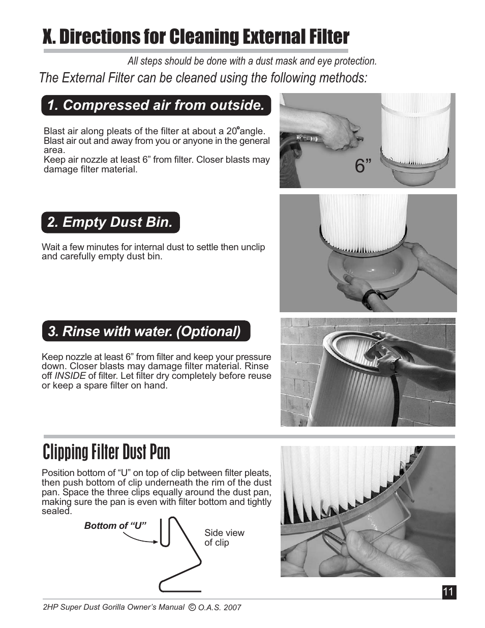 X. directions for cleaning external filter, 6 clipping filter dust pan, Empty dust bin | Oneida Air Systems Super Dust Gorilla User Manual | Page 12 / 21