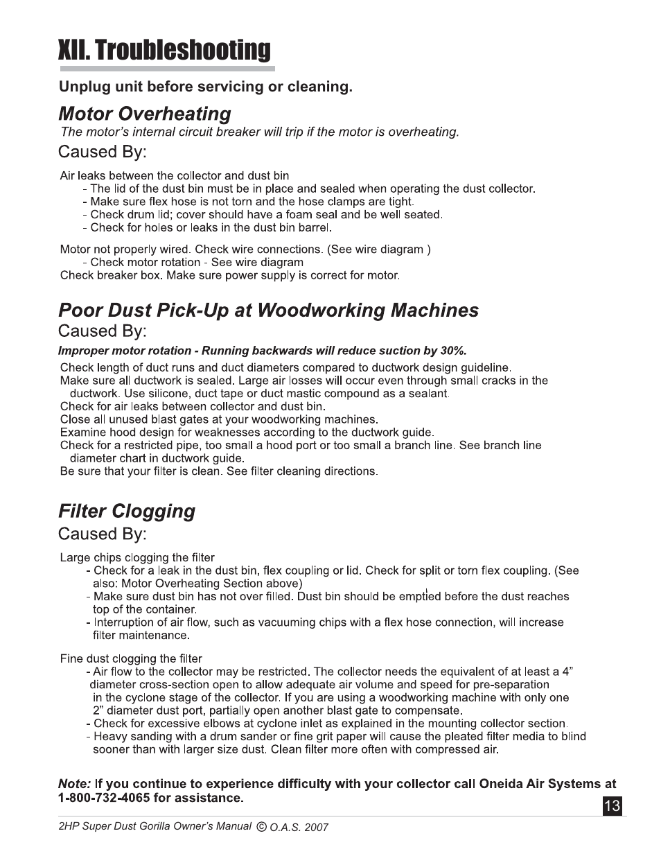 Xii. troubleshooting | Oneida Air Systems Super Dust Gorilla User Manual | Page 14 / 21