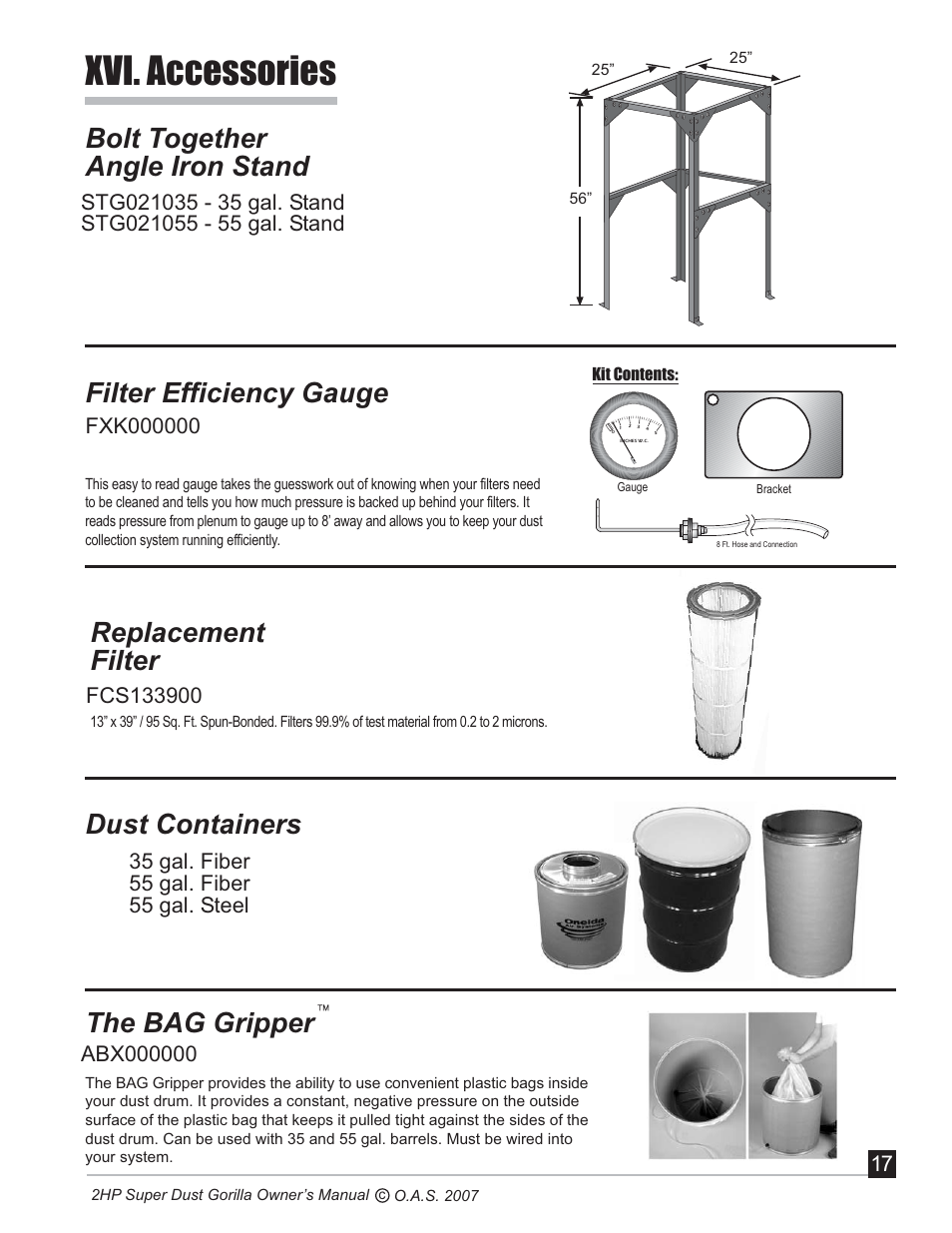 Xvi. accessories, Bolt together angle iron stand, Replacement filter | Dust containers, Filter efficiency gauge, The bag gripper | Oneida Air Systems Super Dust Gorilla User Manual | Page 18 / 21