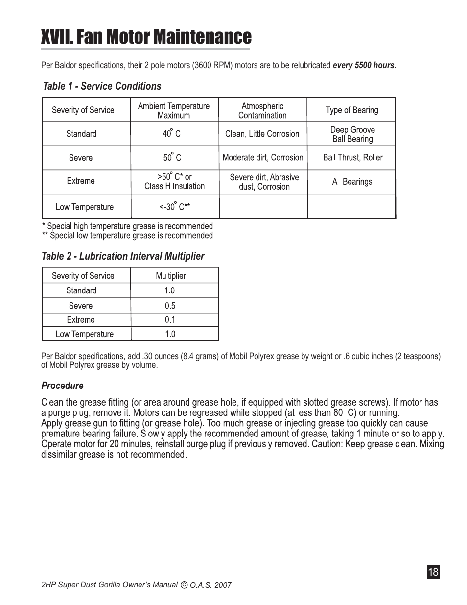 Xvii. fan motor maintenance | Oneida Air Systems Super Dust Gorilla User Manual | Page 19 / 21