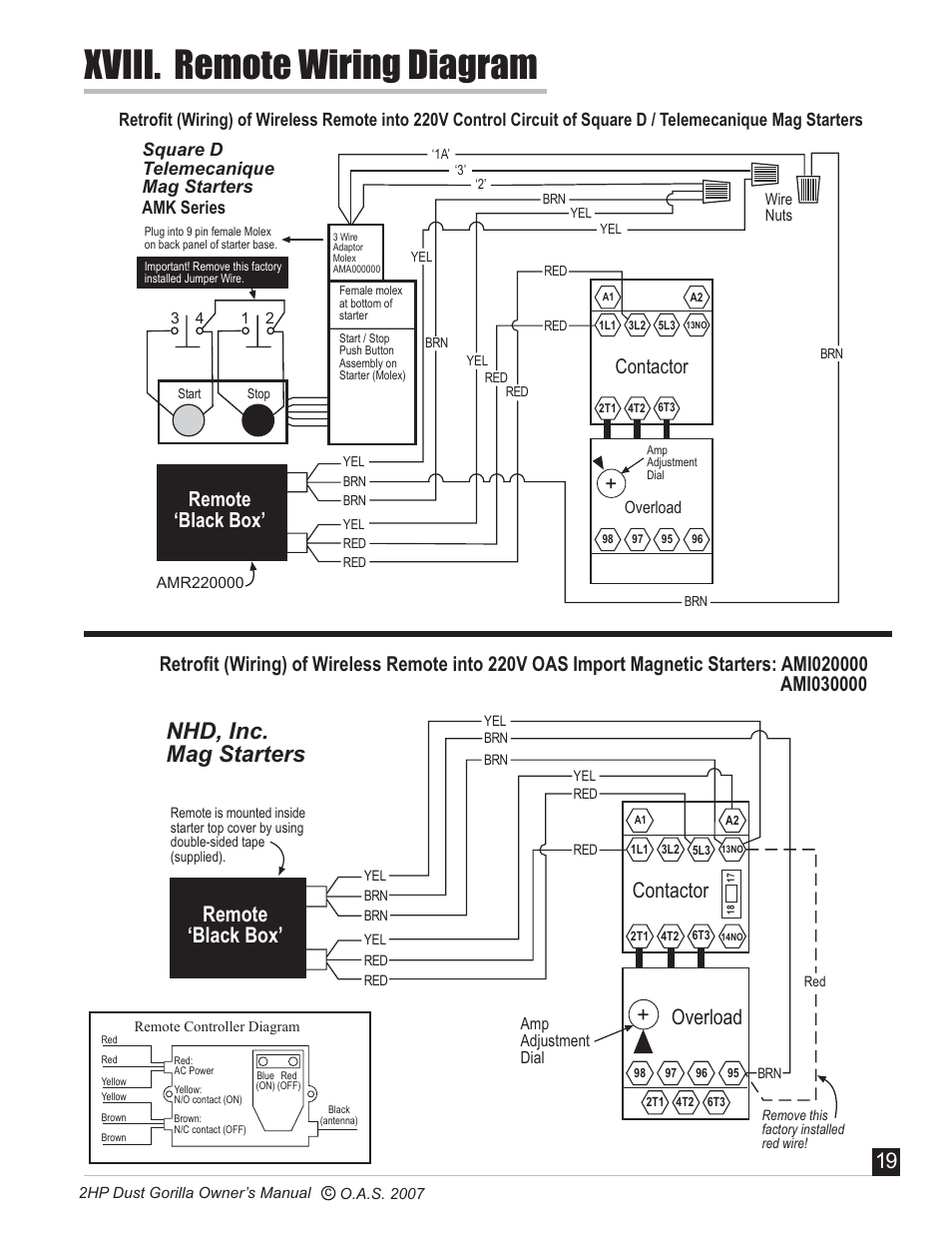 Xviii. remote wiring diagram, Nhd, inc. mag starters, Overload | Remote black box, Contactor, Square d telemecanique mag starters amk series | Oneida Air Systems Super Dust Gorilla User Manual | Page 20 / 21