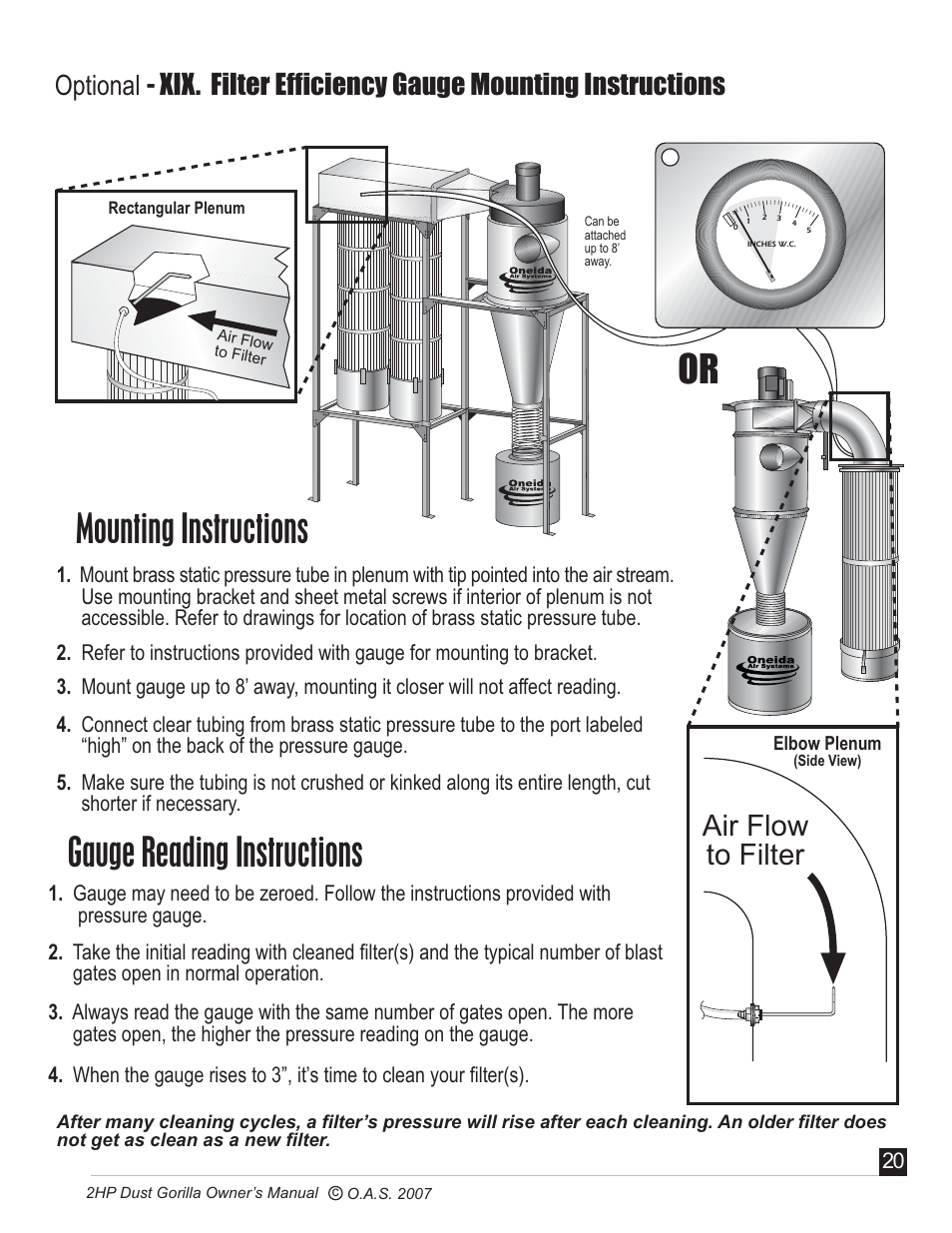 Mounting instructions, Gauge reading instructions, Air flow to filter | Oneida Air Systems Super Dust Gorilla User Manual | Page 21 / 21