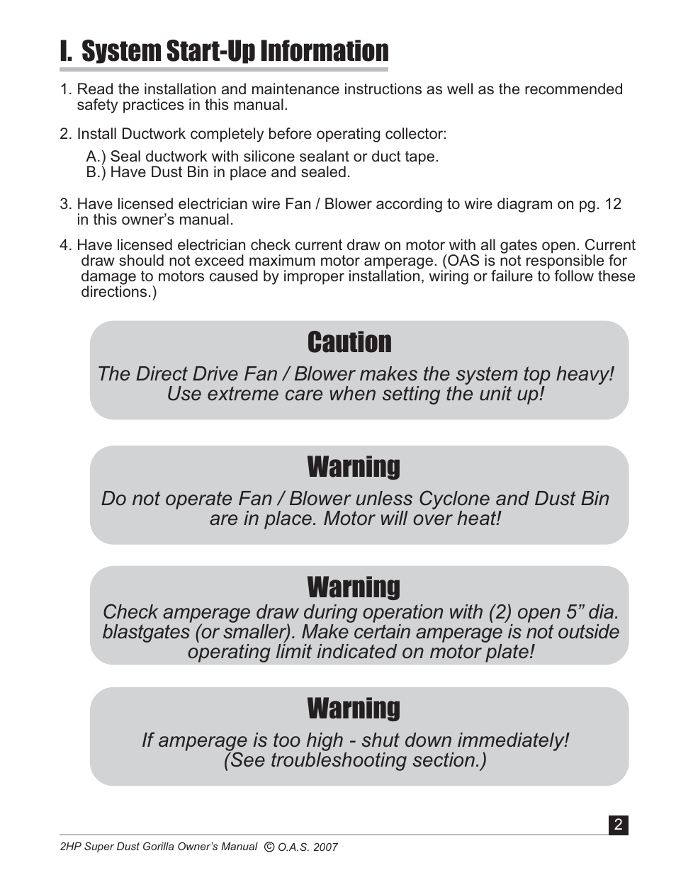 I. system start-up information, Caution, Warning | Oneida Air Systems Super Dust Gorilla User Manual | Page 3 / 21