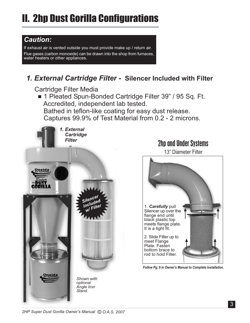 Ii. 2hp dust gorilla configurations, 2hp and under systems, External cartridge filter | Caution, Silencer included with filter | Oneida Air Systems Super Dust Gorilla User Manual | Page 4 / 21