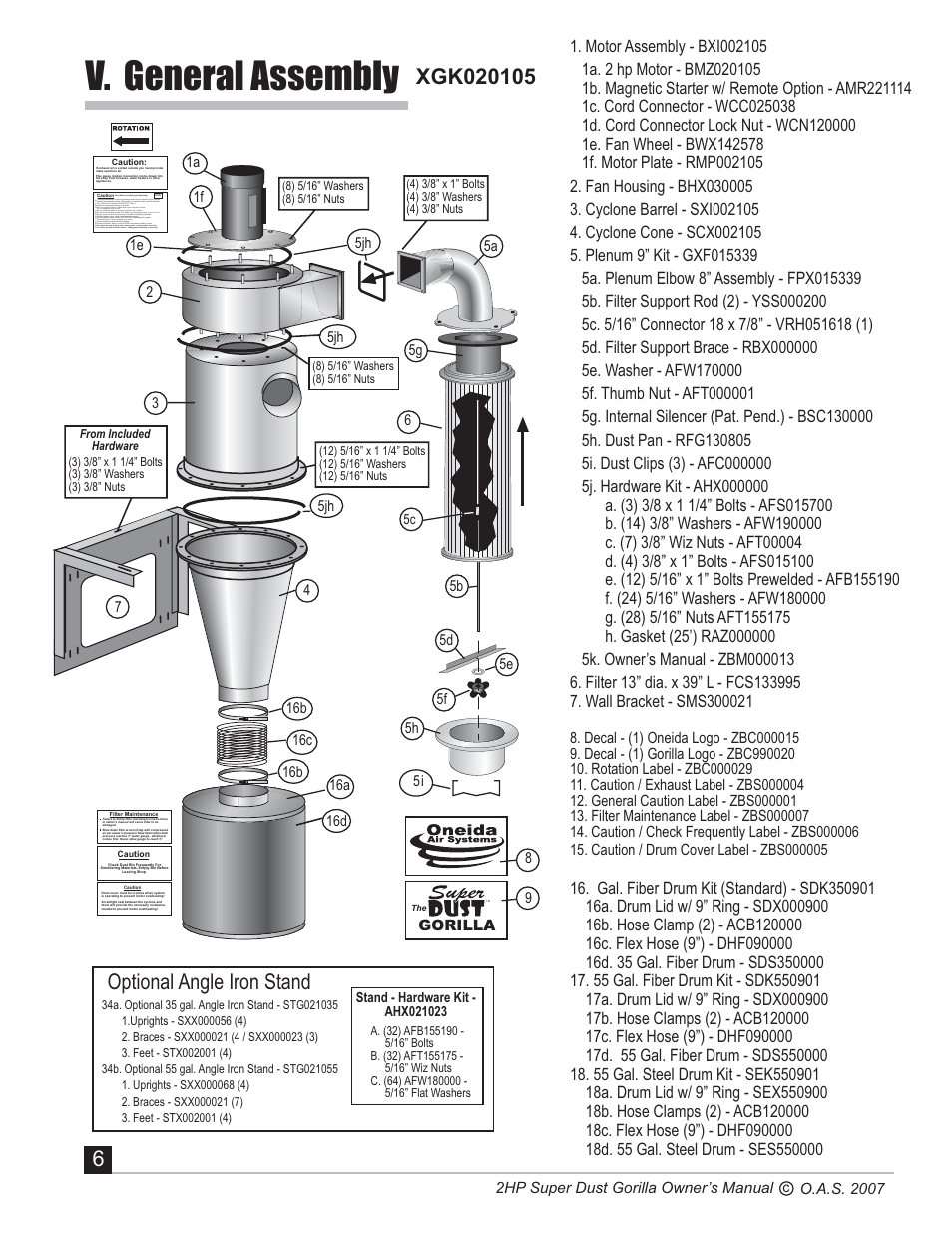 V. general assembly, Optional angle iron stand | Oneida Air Systems Super Dust Gorilla User Manual | Page 7 / 21