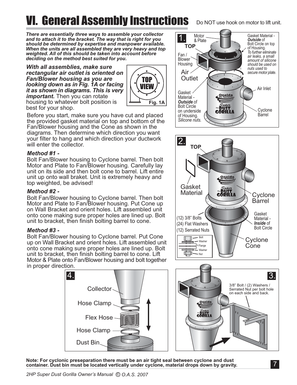 Vi. general assembly instructions, Top view, Cyclone barrel cyclone cone | Air outlet, Gasket material | Oneida Air Systems Super Dust Gorilla User Manual | Page 8 / 21