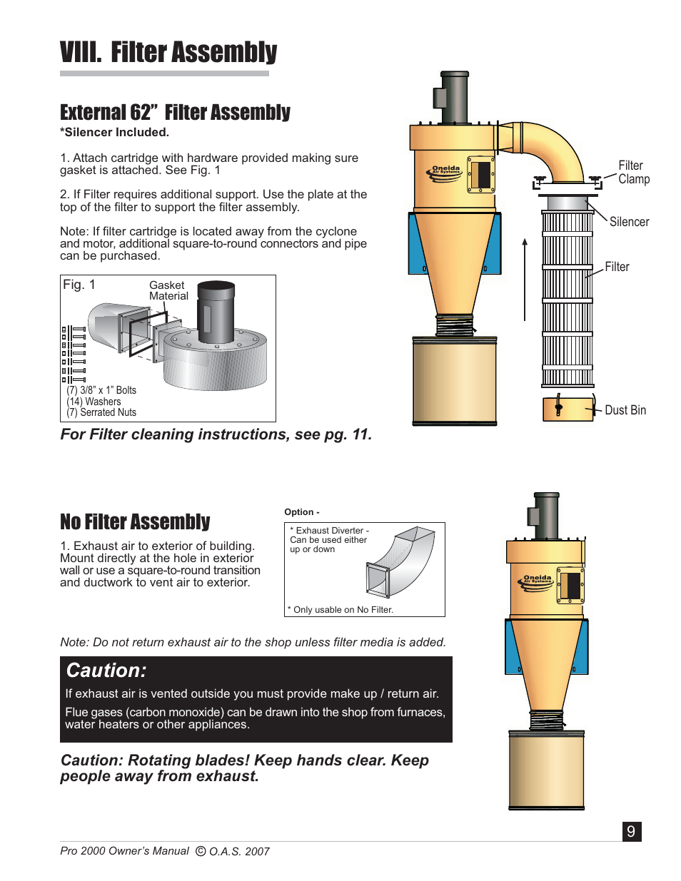 Viii. filter assembly, External 62 filter assembly, Caution | No filter assembly | Oneida Air Systems PRO SERIES 2000 User Manual | Page 10 / 21