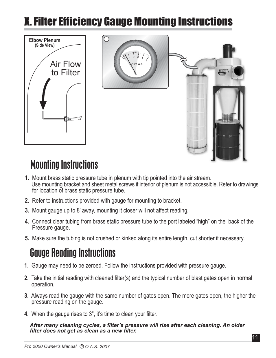 Gauge reading instructions, Air flow to filter | Oneida Air Systems PRO SERIES 2000 User Manual | Page 12 / 21
