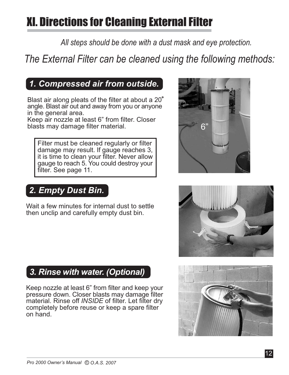 Xi. directions for cleaning external filter | Oneida Air Systems PRO SERIES 2000 User Manual | Page 13 / 21