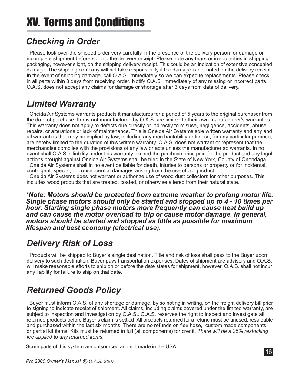 Xv. terms and conditions, Checking in order, Limited warranty | Delivery risk of loss, Returned goods policy | Oneida Air Systems PRO SERIES 2000 User Manual | Page 17 / 21