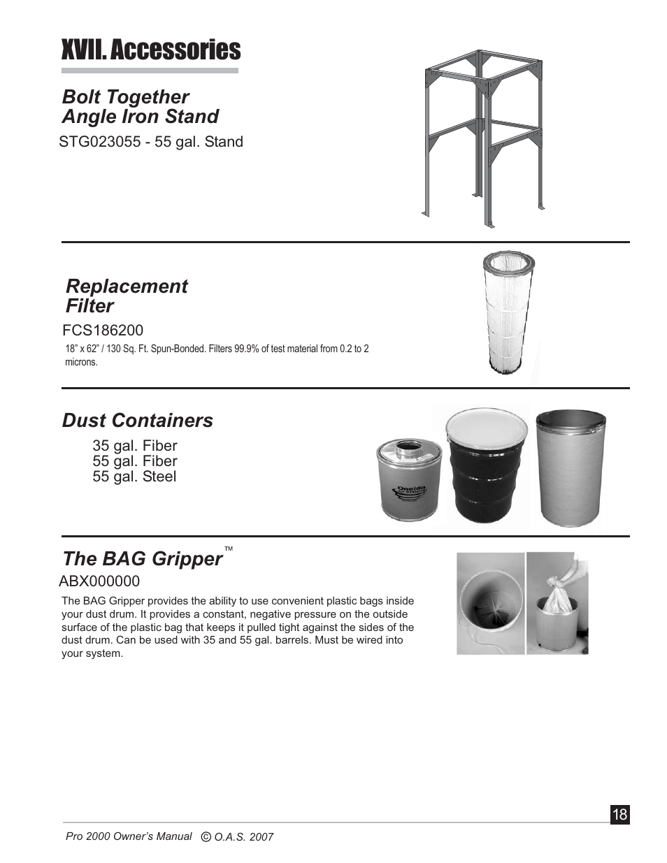 Xvii. accessories, Bolt together angle iron stand, Replacement filter | Dust containers, The bag gripper | Oneida Air Systems PRO SERIES 2000 User Manual | Page 19 / 21
