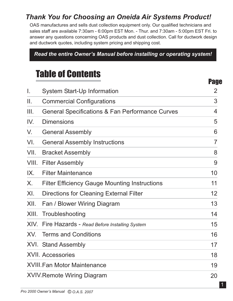 Oneida Air Systems PRO SERIES 2000 User Manual | Page 2 / 21