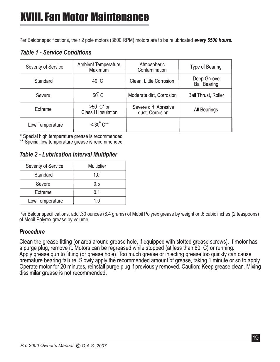 Xviii. fan motor maintenance | Oneida Air Systems PRO SERIES 2000 User Manual | Page 20 / 21