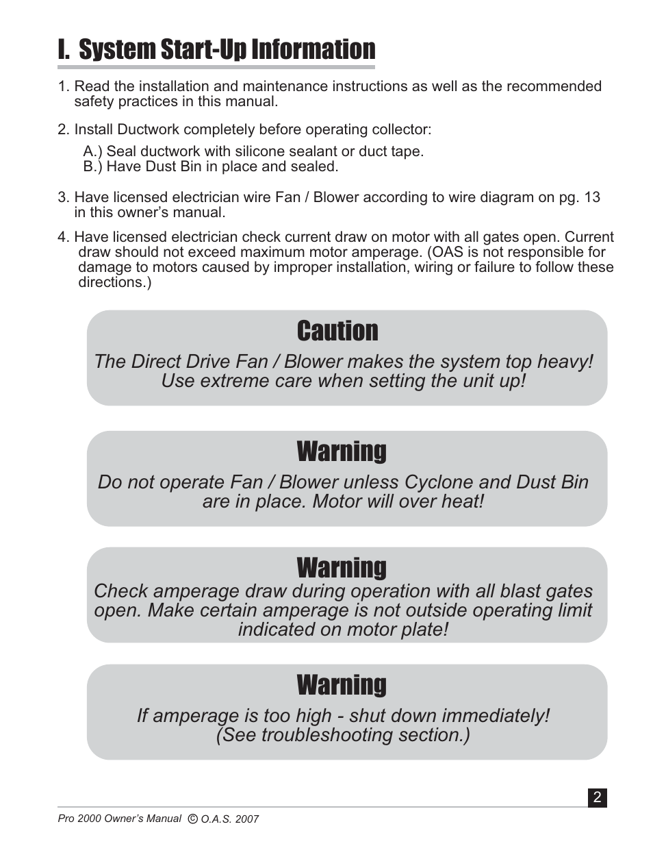 I. system start-up information, Caution, Warning | Oneida Air Systems PRO SERIES 2000 User Manual | Page 3 / 21