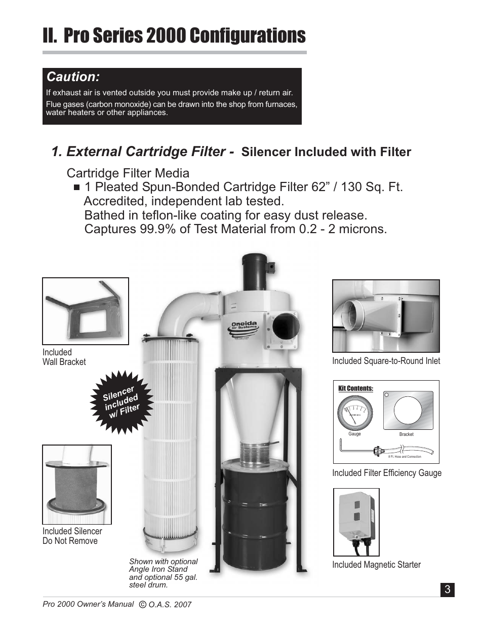 Ii. pro series 2000 configurations, External cartridge filter, Caution | Silencer included with filter | Oneida Air Systems PRO SERIES 2000 User Manual | Page 4 / 21