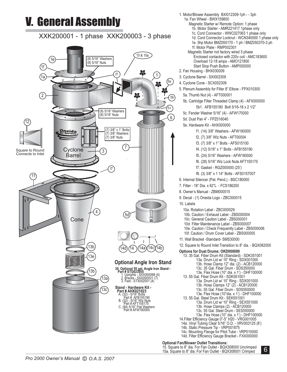 V. general assembly, Cyclone barrel cone, Optional angle iron stand | Oneida Air Systems PRO SERIES 2000 User Manual | Page 7 / 21