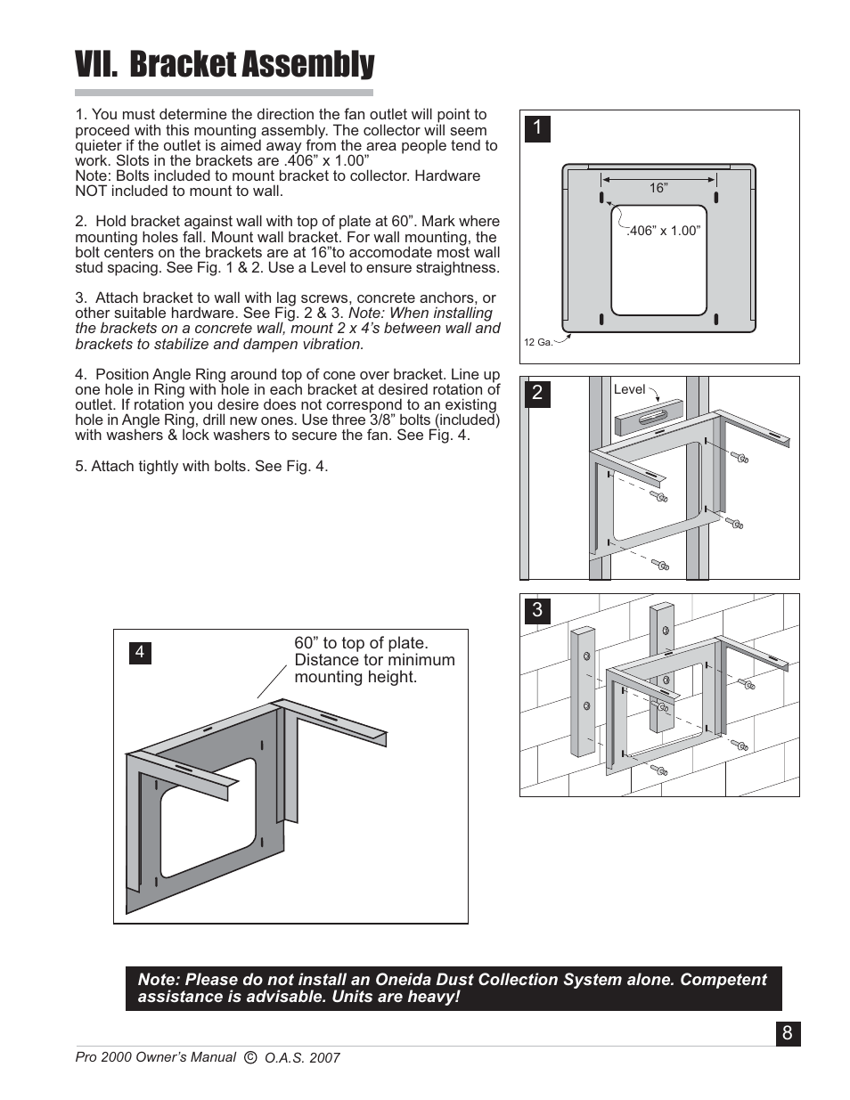 Vii. bracket assembly | Oneida Air Systems PRO SERIES 2000 User Manual | Page 9 / 21