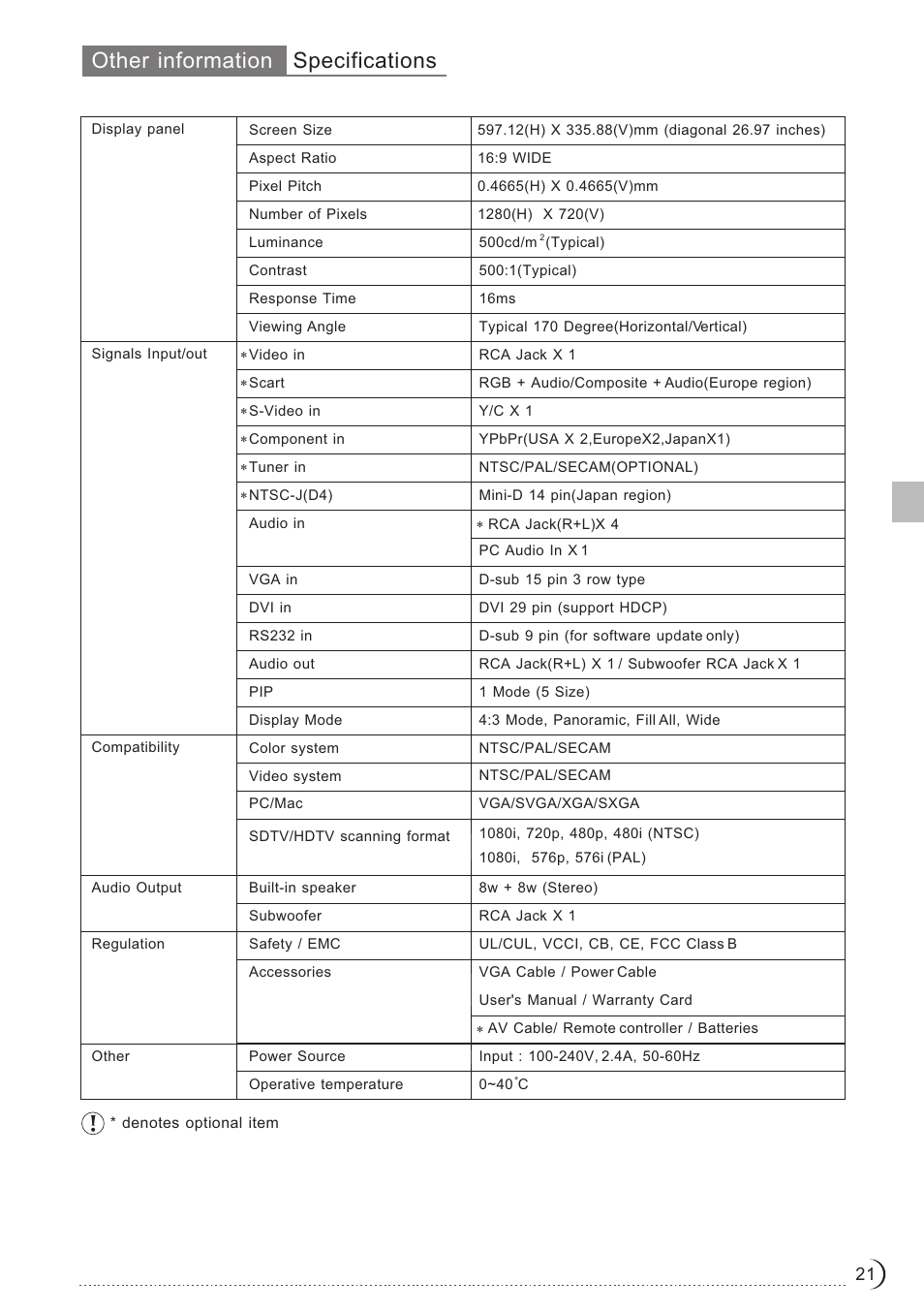 Other information specifications | Ovideon LC2700w User Manual | Page 22 / 25