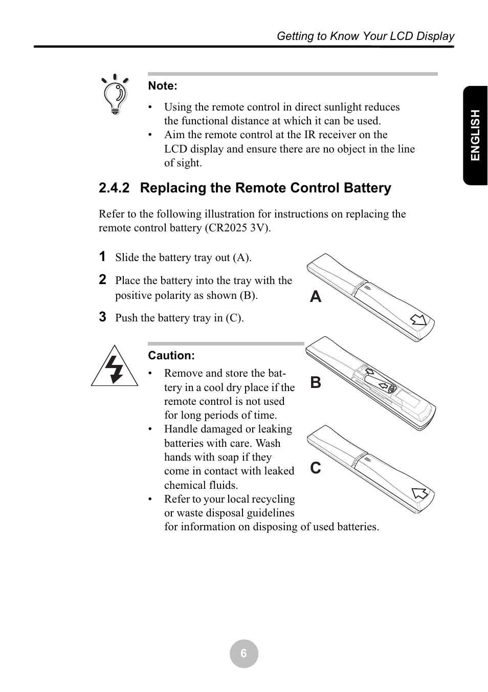 Ab c, 2 replacing the remote control battery | Ovideon LC2000 User Manual | Page 12 / 28