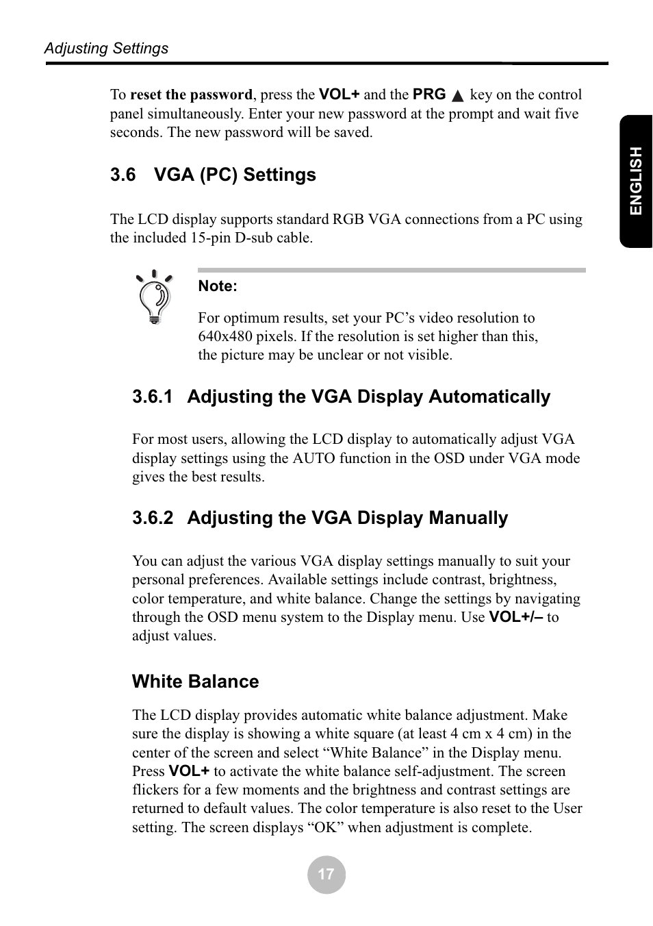 6 vga (pc) settings, 1 adjusting the vga display automatically, 2 adjusting the vga display manually | White balance | Ovideon LC2000 User Manual | Page 23 / 28