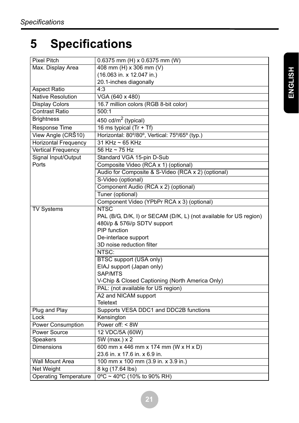 5specifications | Ovideon LC2000 User Manual | Page 27 / 28