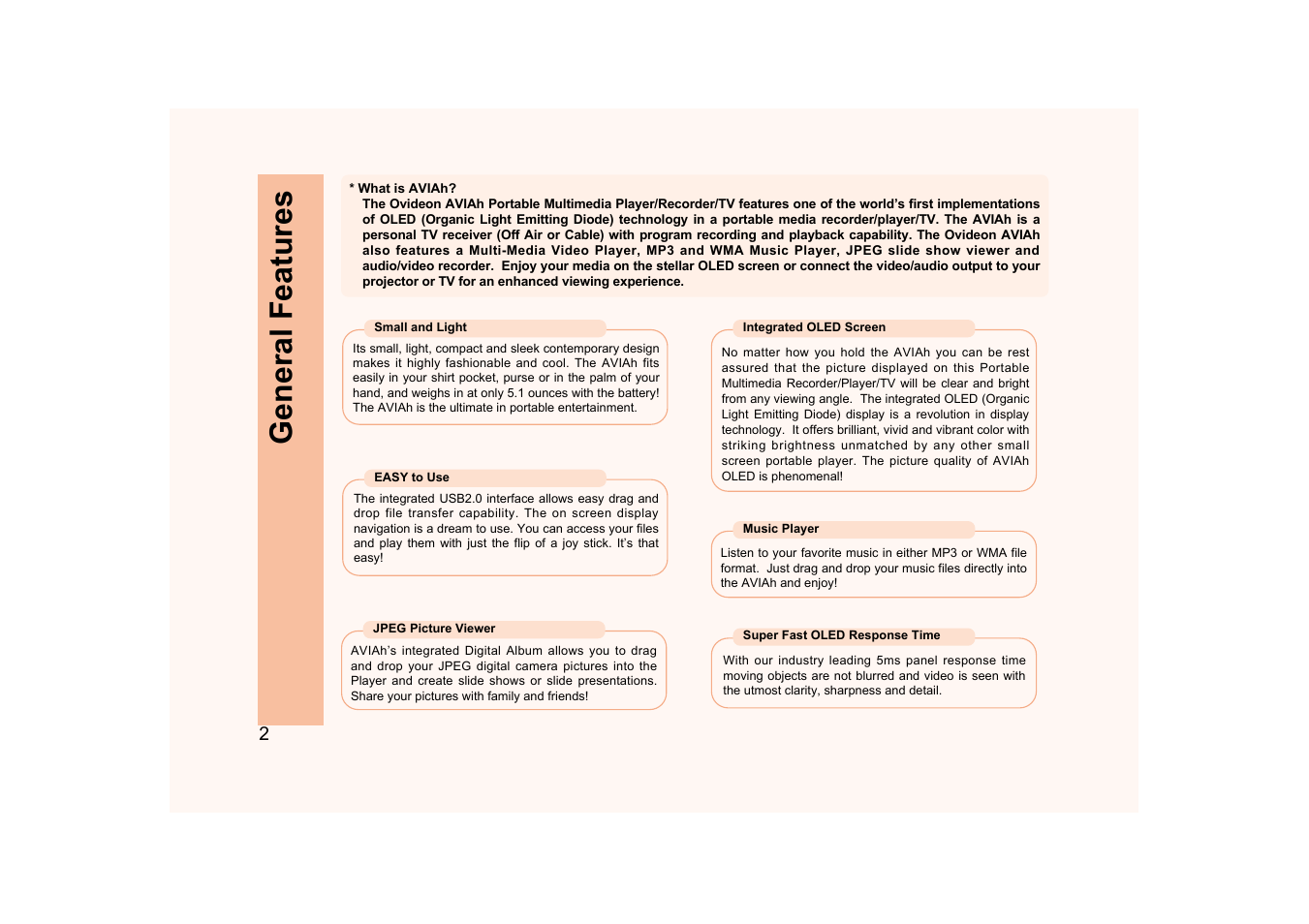 General features | Ovideon AVIAh User Manual | Page 2 / 68