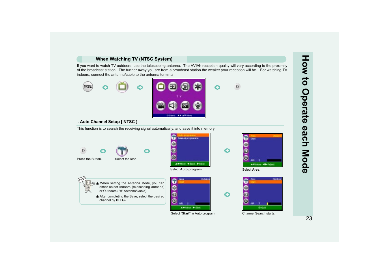 How to operate each mode | Ovideon AVIAh User Manual | Page 23 / 68