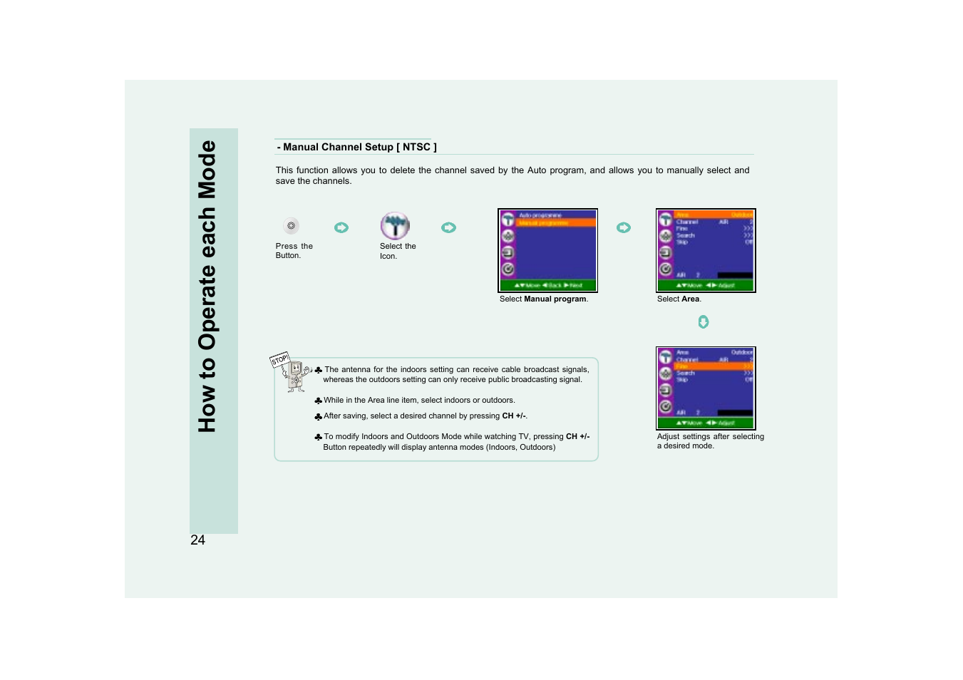 How to operate each mode | Ovideon AVIAh User Manual | Page 24 / 68