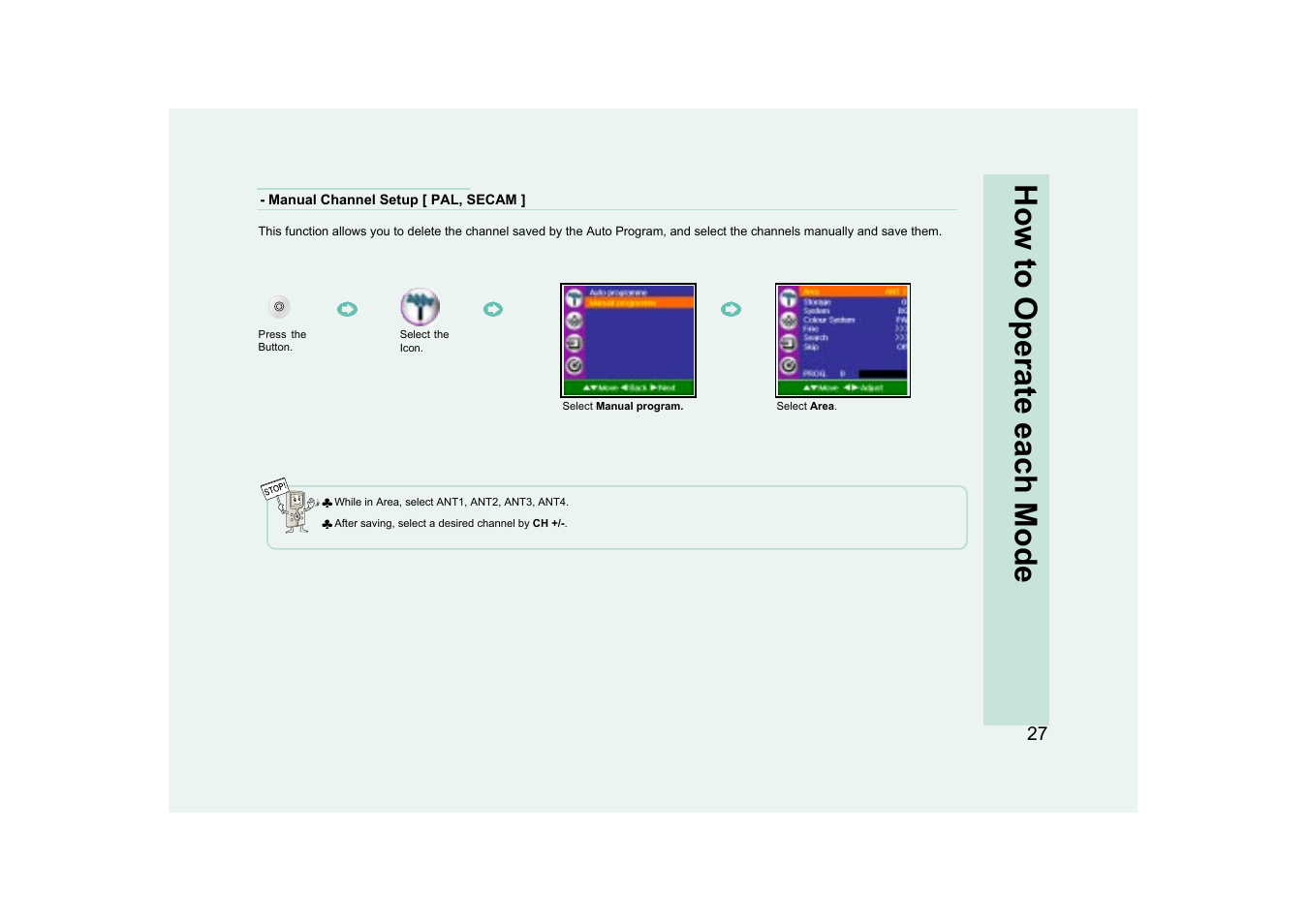 How to operate each mode | Ovideon AVIAh User Manual | Page 27 / 68