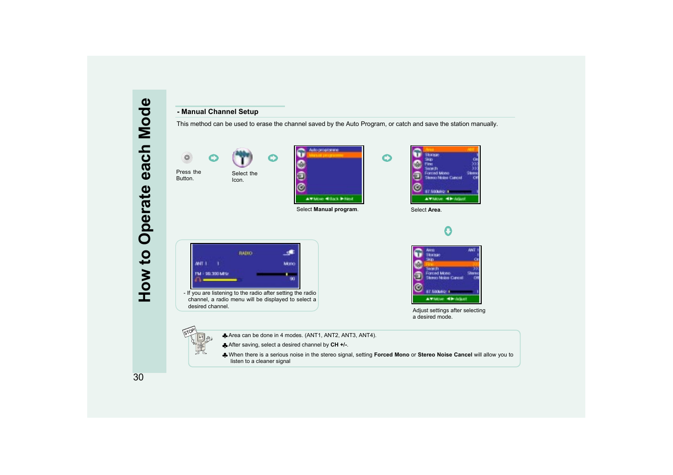 How to operate each mode | Ovideon AVIAh User Manual | Page 30 / 68