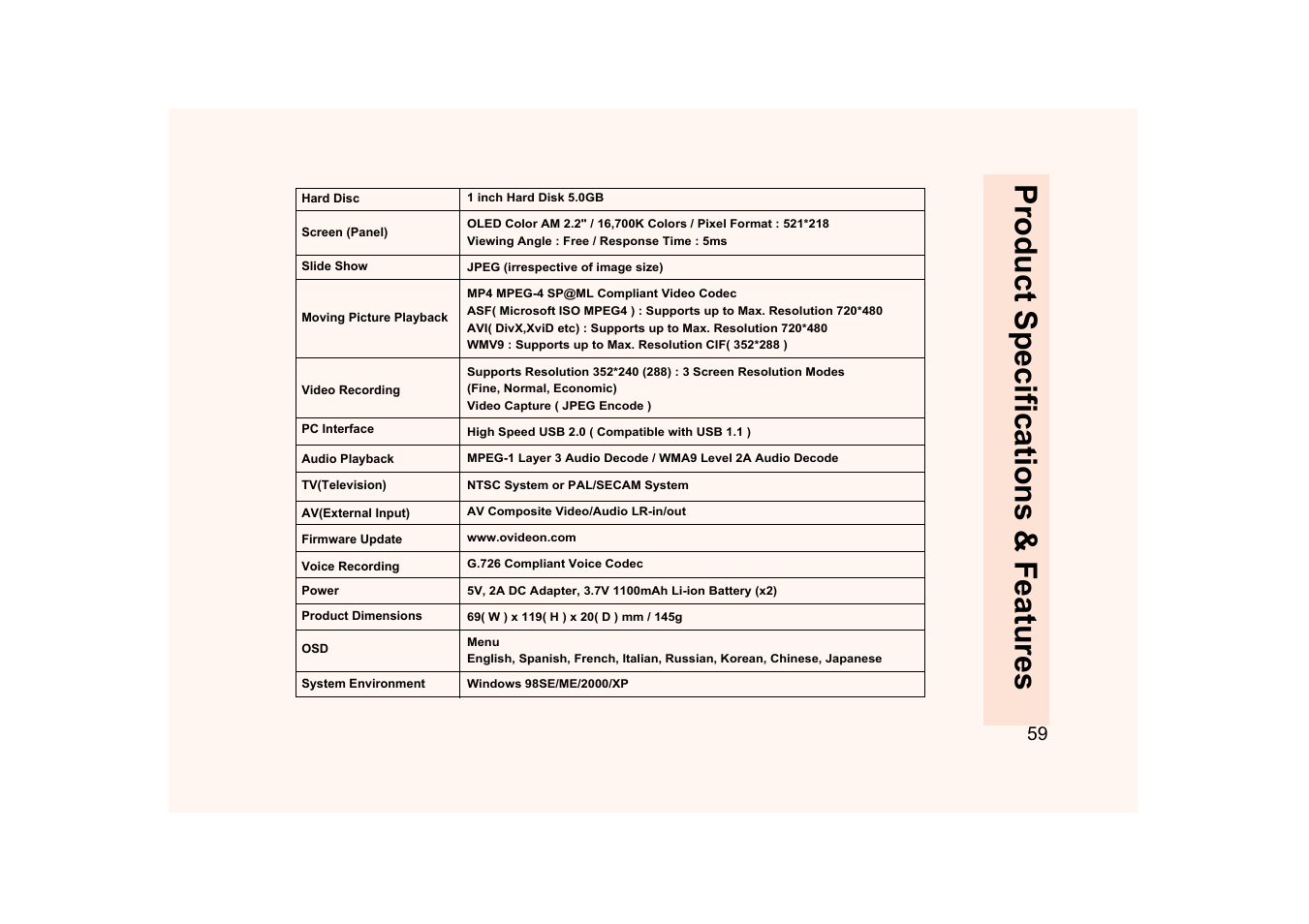 Product specifications & features | Ovideon AVIAh User Manual | Page 59 / 68