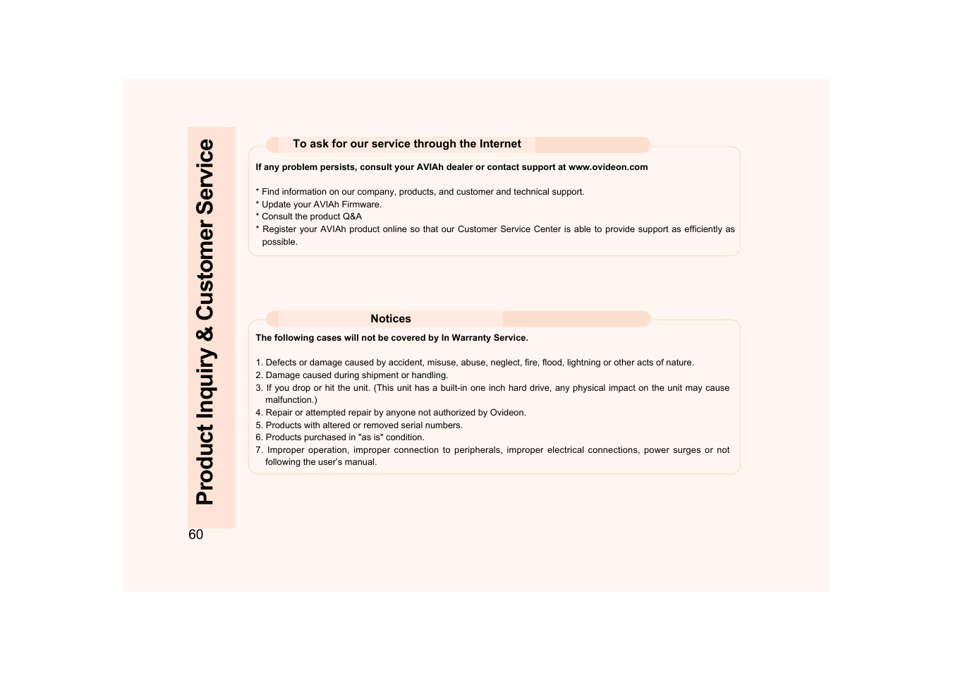 Product inquiry & customer service | Ovideon AVIAh User Manual | Page 60 / 68
