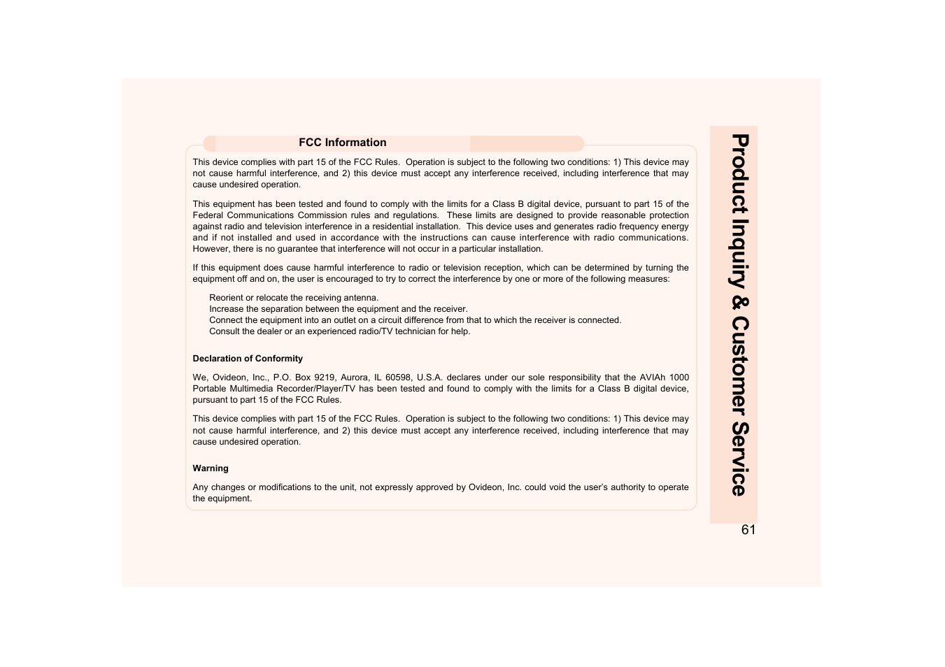 Product inquiry & customer service | Ovideon AVIAh User Manual | Page 61 / 68