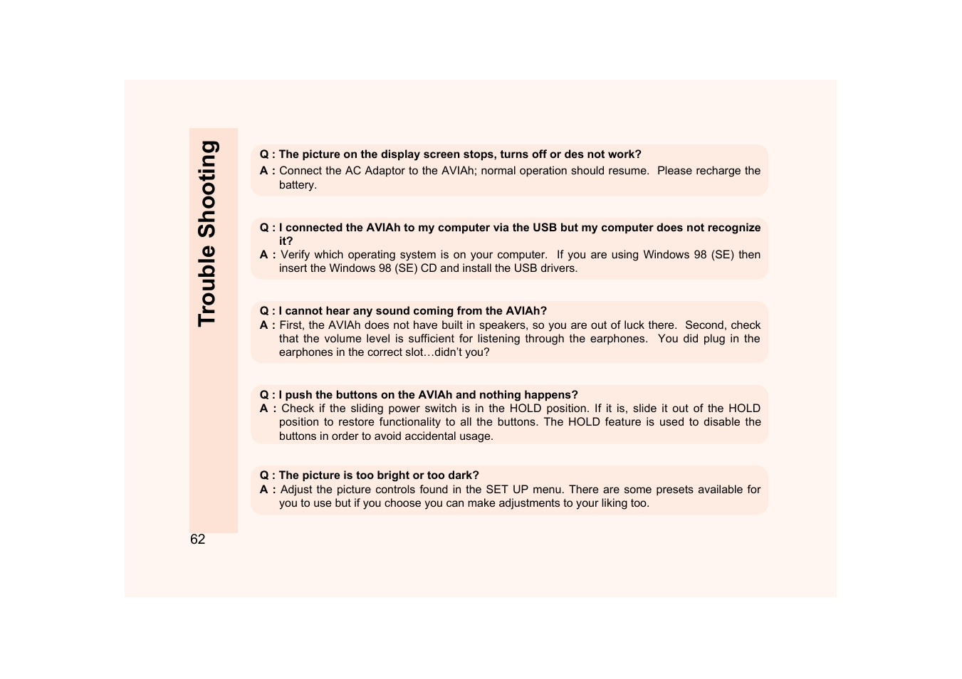 Trouble shooting | Ovideon AVIAh User Manual | Page 62 / 68