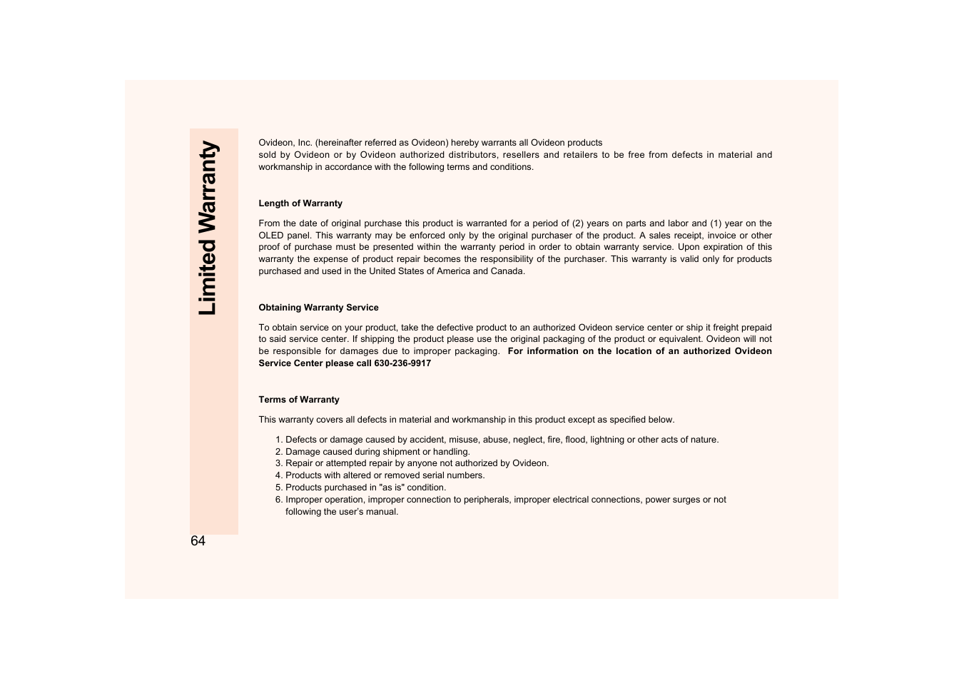 Limited w arranty | Ovideon AVIAh User Manual | Page 64 / 68