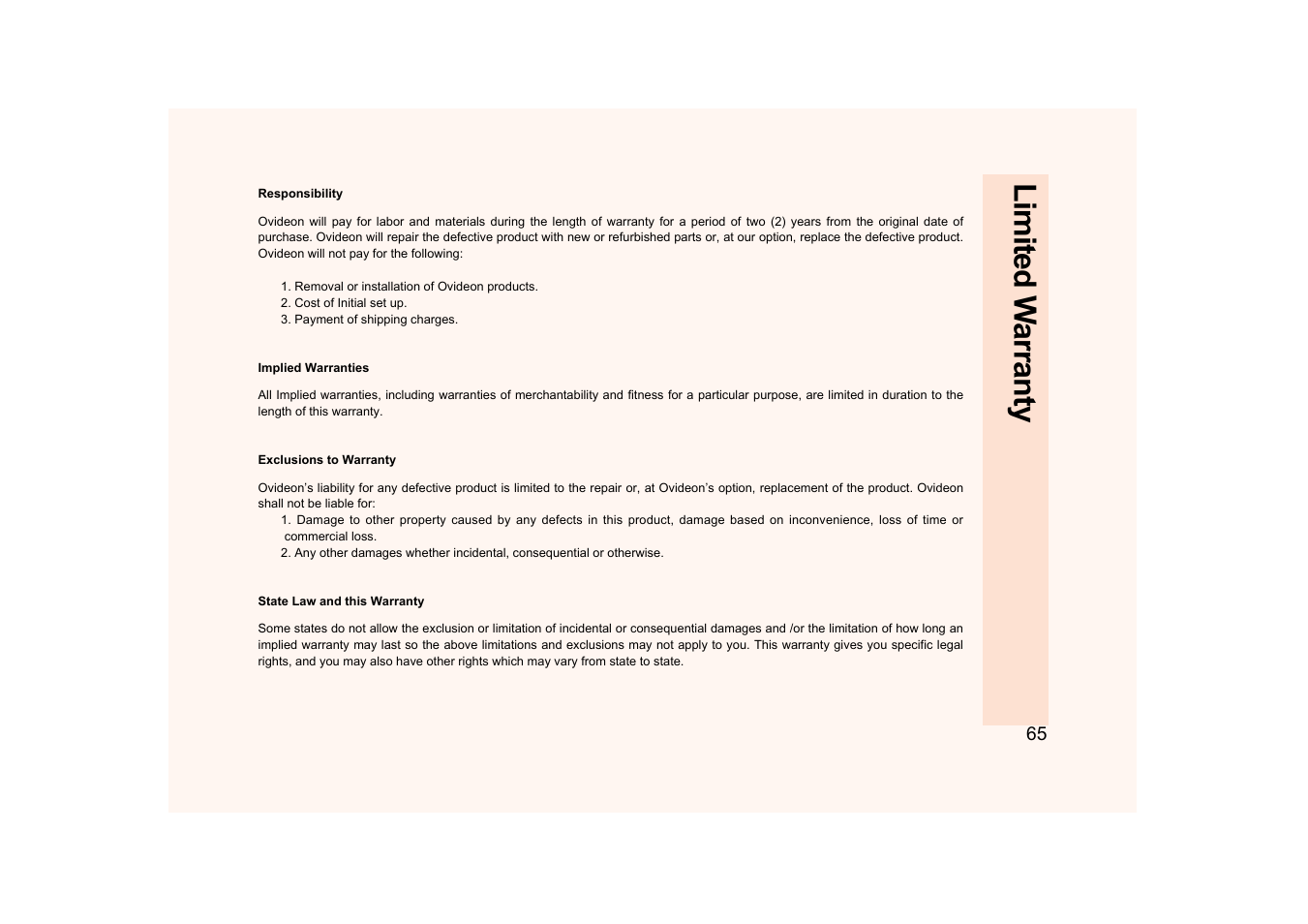 Limited w arranty | Ovideon AVIAh User Manual | Page 65 / 68