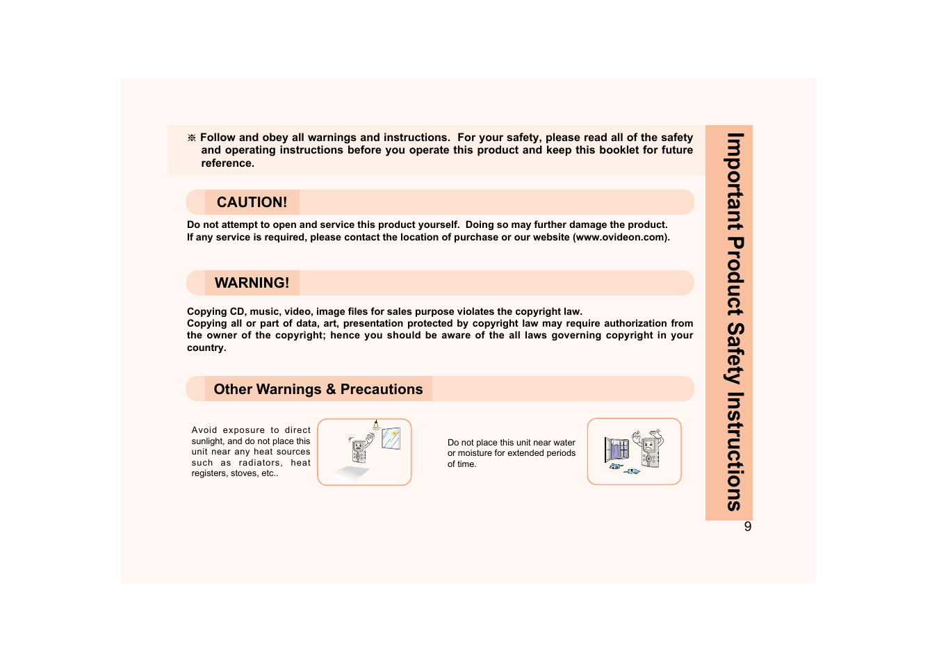 Important product safety instructions | Ovideon AVIAh User Manual | Page 9 / 68