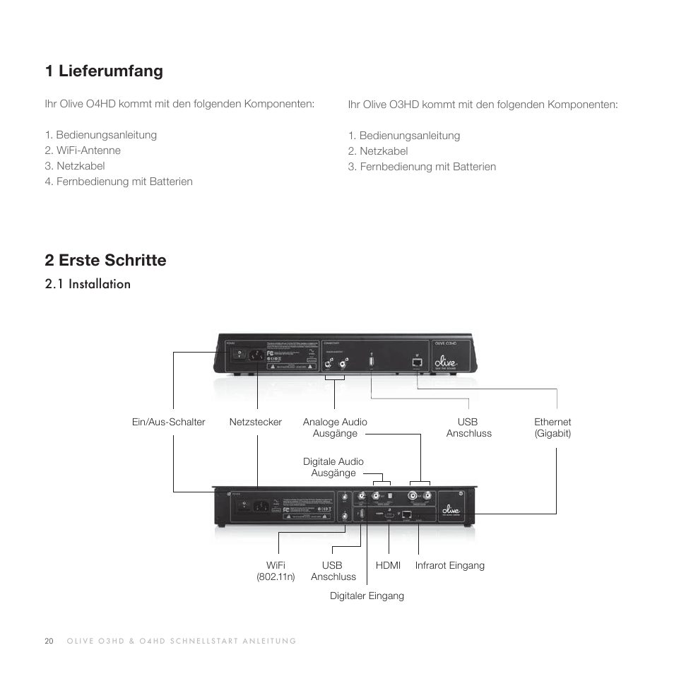 1 lieferumfang, 2erste schritte | Olive Media Products O3HD User Manual | Page 19 / 103