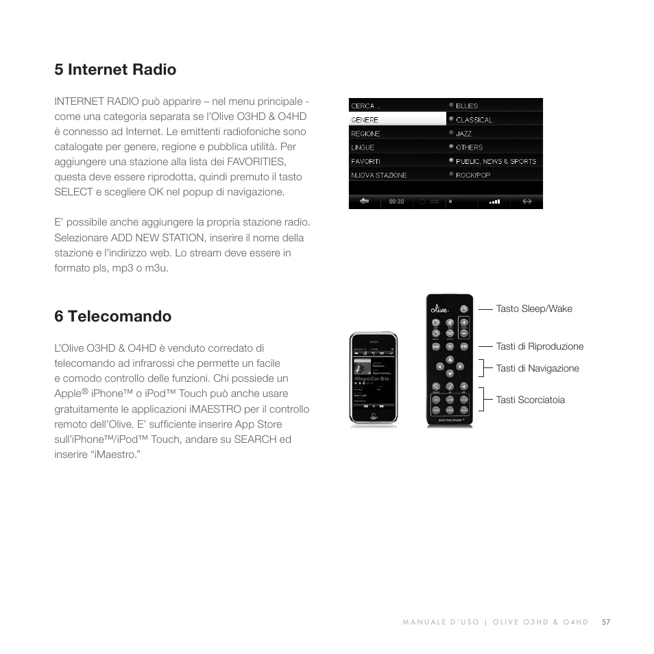 5 internet radio, 6 telecomando | Olive Media Products O3HD User Manual | Page 56 / 103