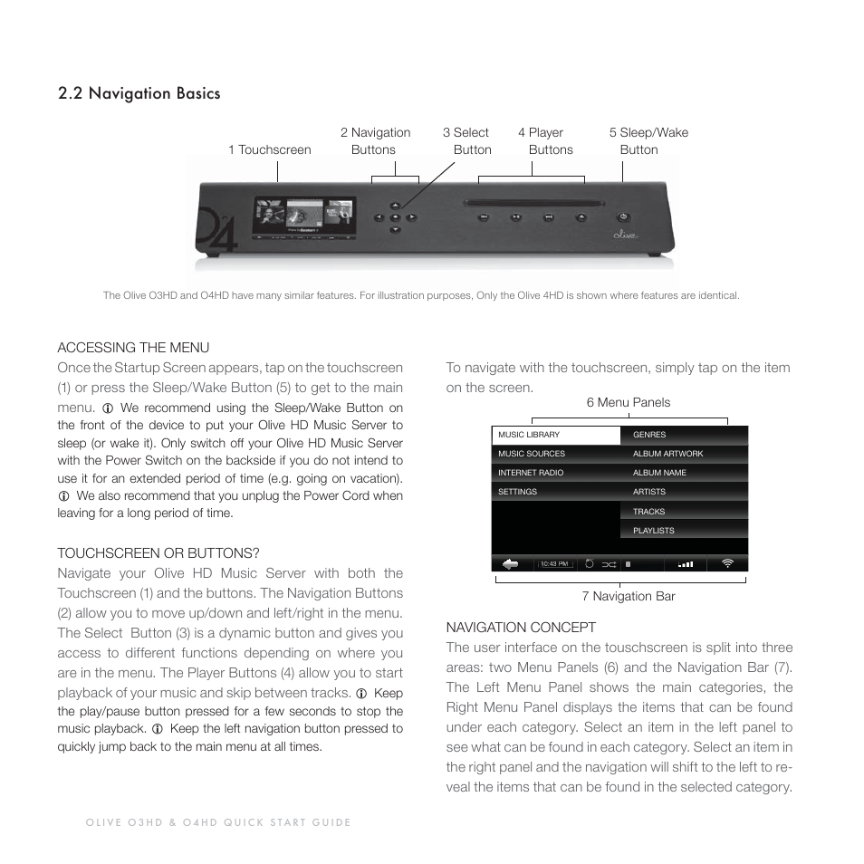 2 navigation basics, 2 navigation buttons 1 touchscreen | Olive Media Products O3HD User Manual | Page 7 / 103