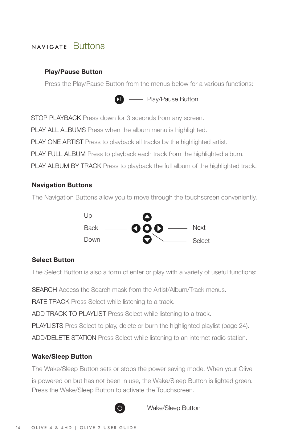 Buttons | Olive Media Products 4 User Manual | Page 14 / 44