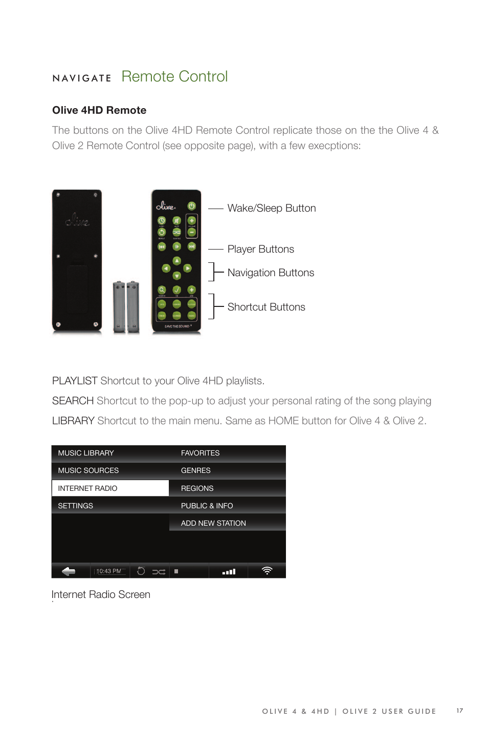 Remote control, Internet radio screen | Olive Media Products 4 User Manual | Page 17 / 44