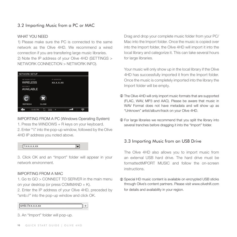 2 importing music from a pc or mac, 3 importing music from an usb drive | Olive Media Products 4HD User Manual | Page 10 / 19