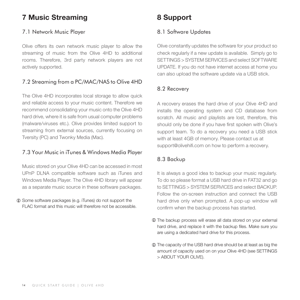 7music streaming, 8support | Olive Media Products 4HD User Manual | Page 14 / 19