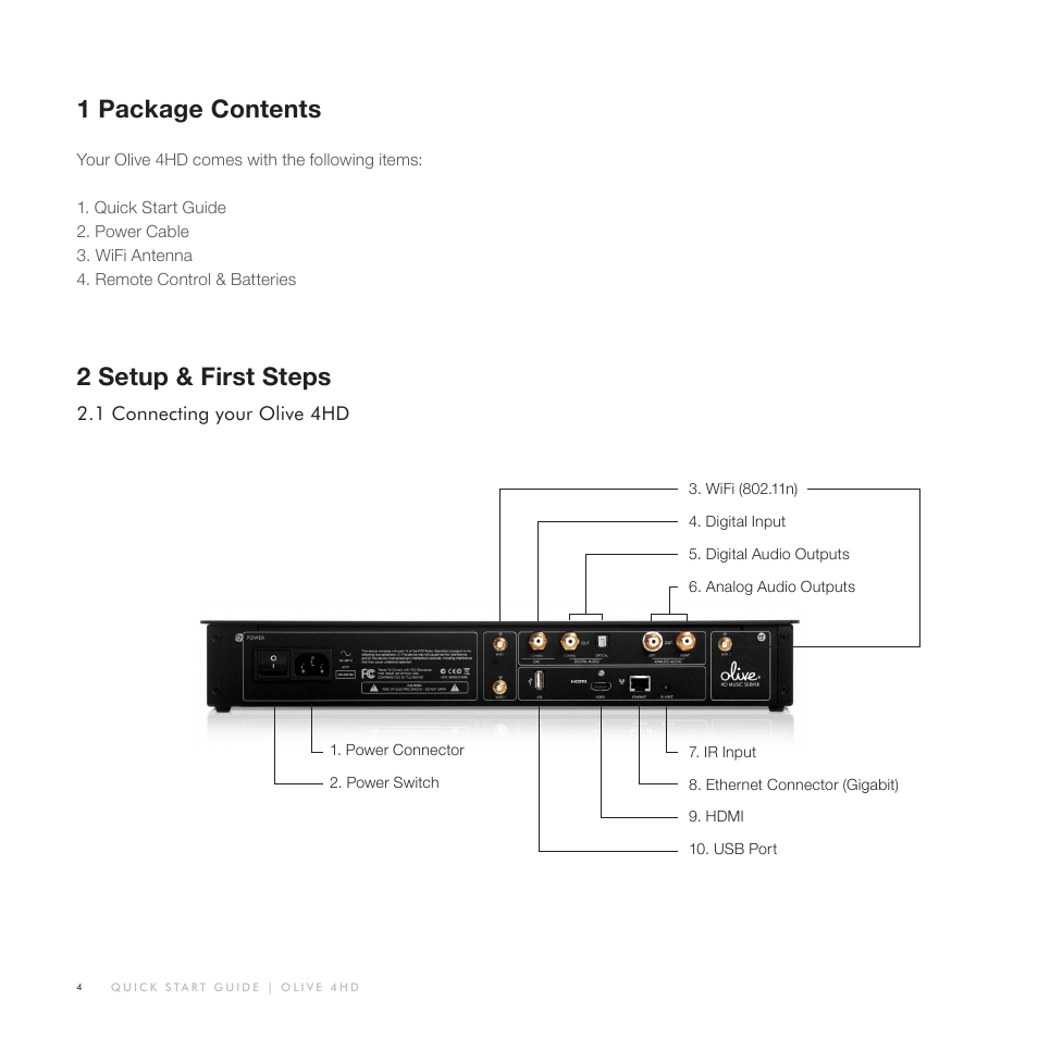 1 package contents, 2setup & first steps | Olive Media Products 4HD User Manual | Page 4 / 19