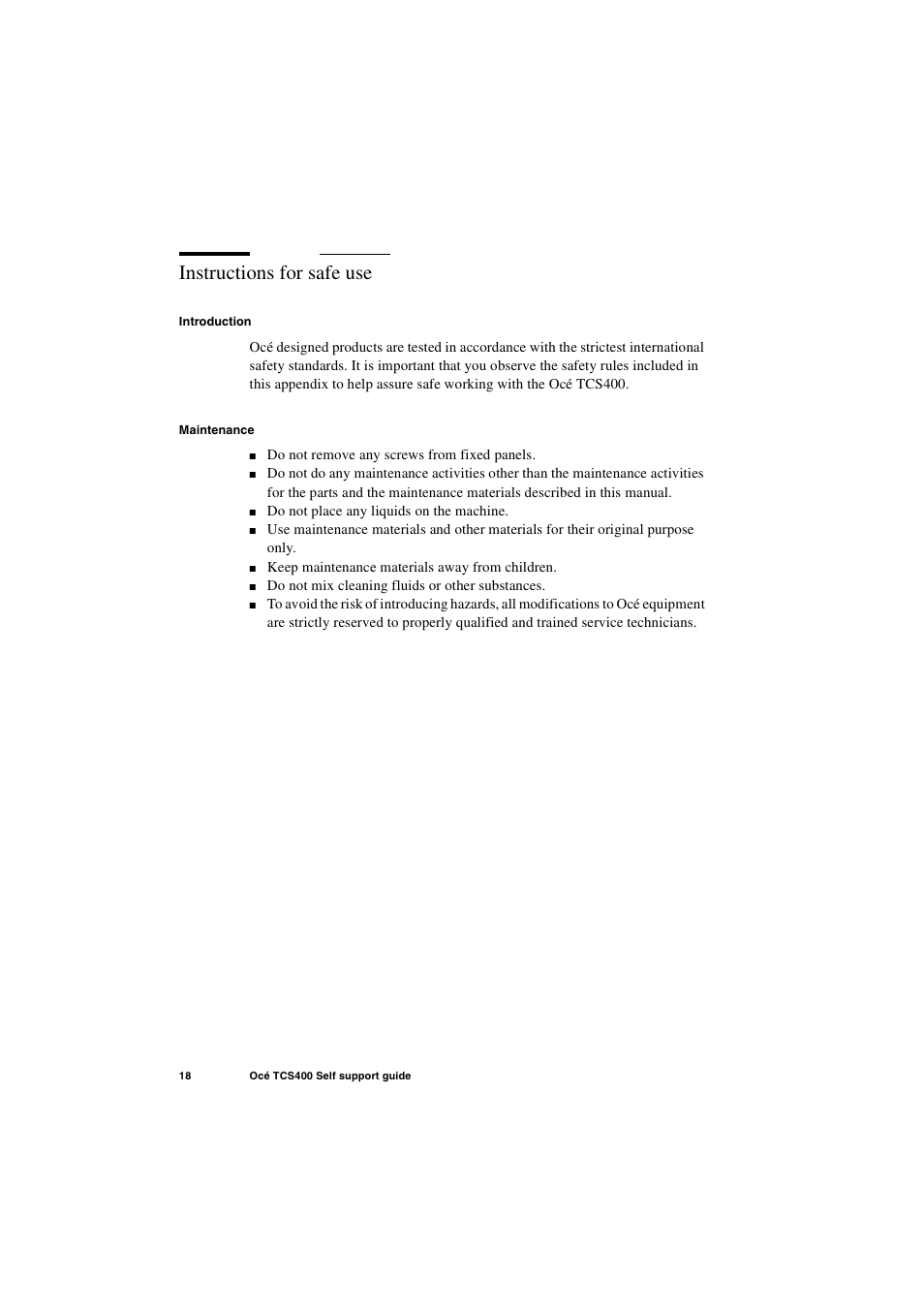 Instructions for safe use, Instructions for safe use 18 | Oce North America TCS400 User Manual | Page 18 / 28