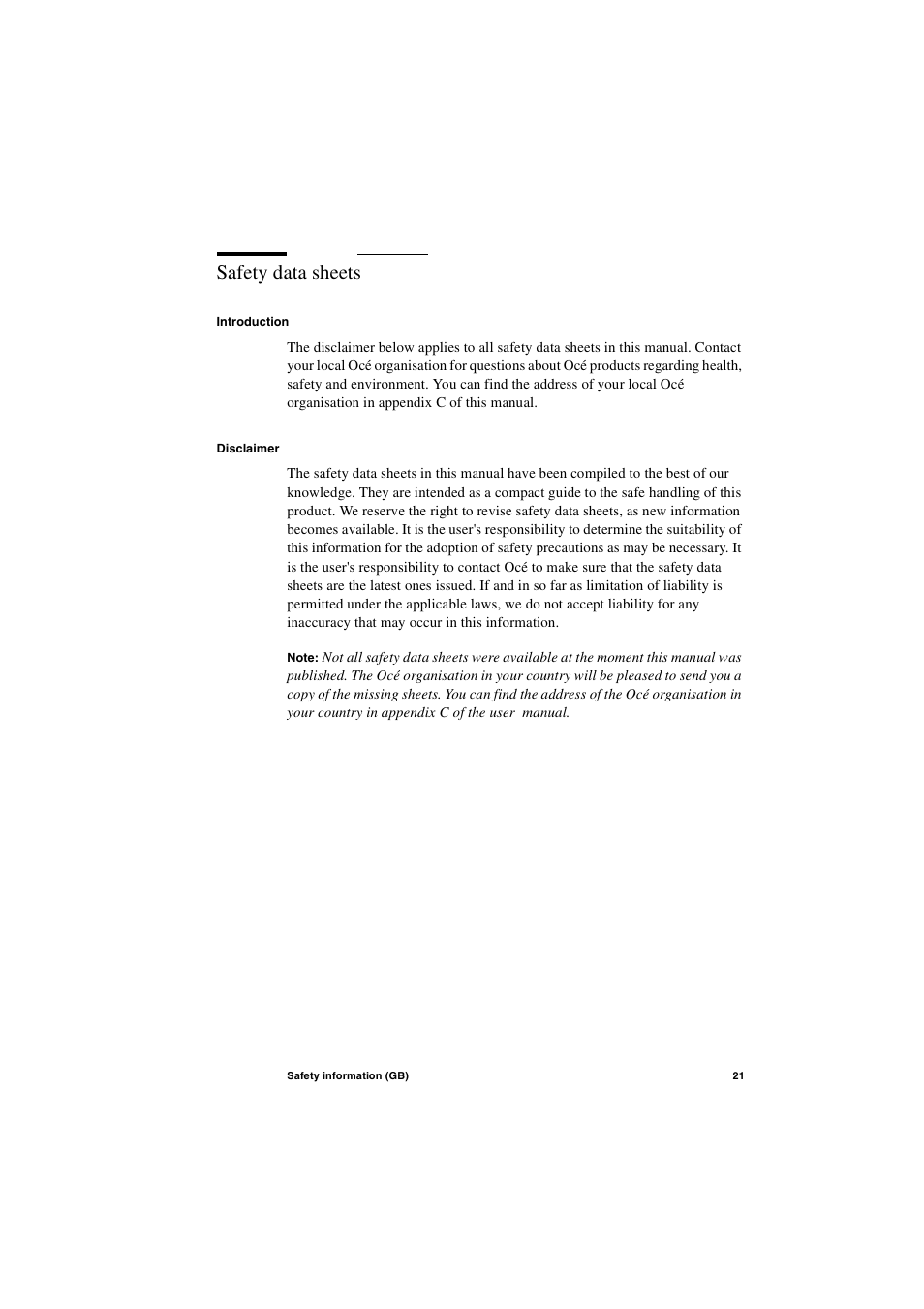 Safety data sheets, Safety data sheets 21 | Oce North America TCS400 User Manual | Page 21 / 28