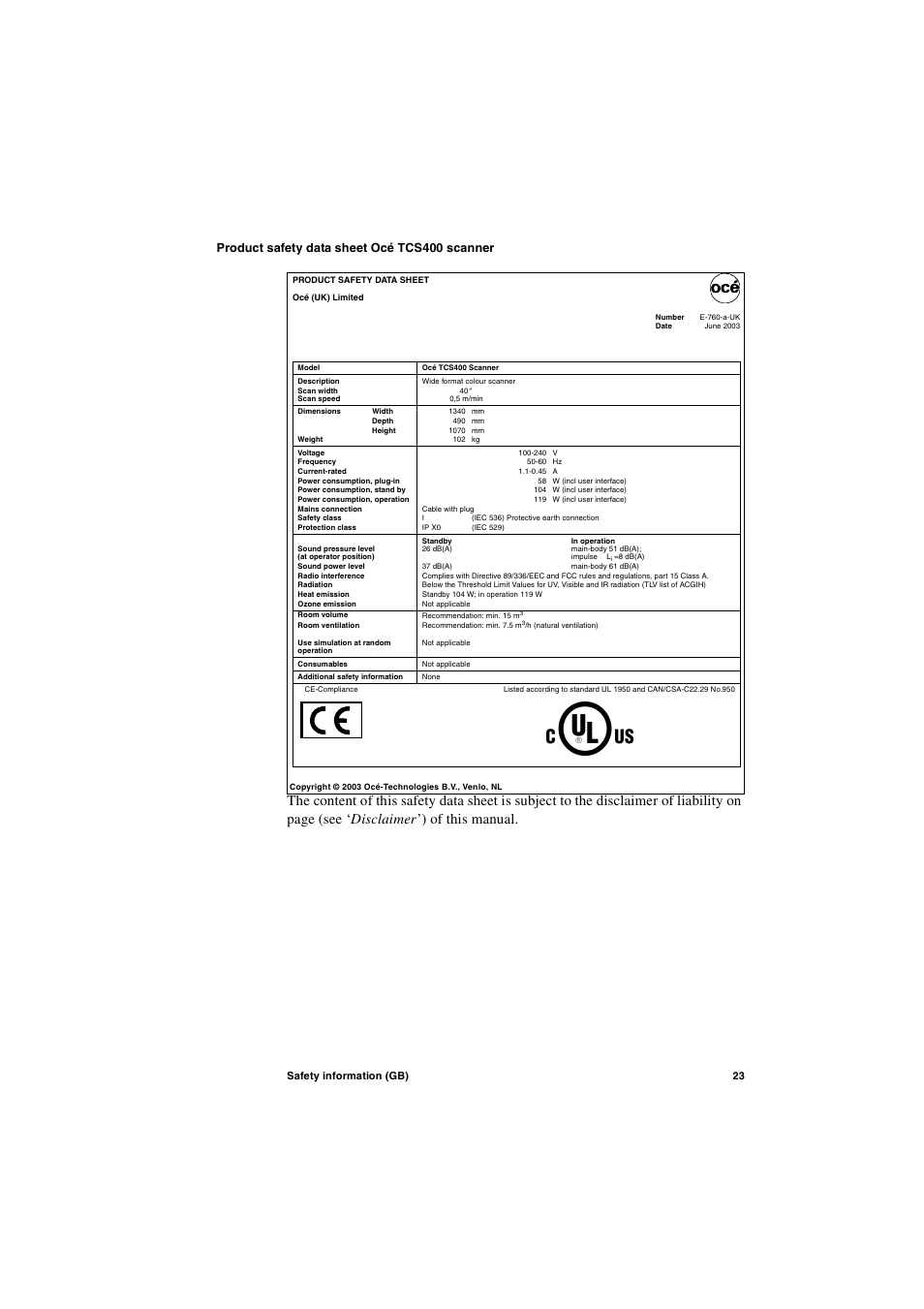 Product safety data sheet océ tcs400 scanner | Oce North America TCS400 User Manual | Page 23 / 28