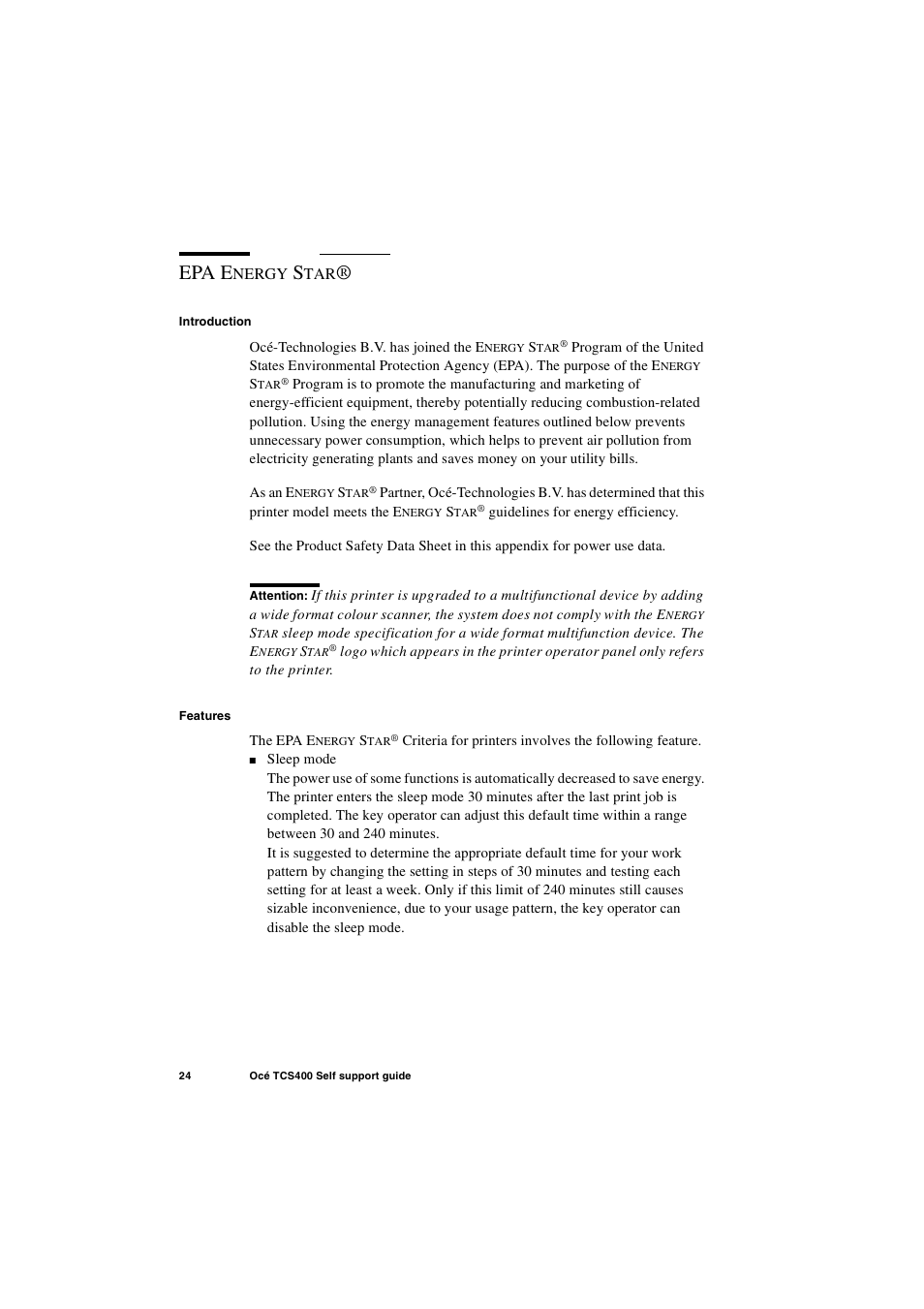 Epa energy star, Epa energy star® 24, Epa e | Oce North America TCS400 User Manual | Page 24 / 28