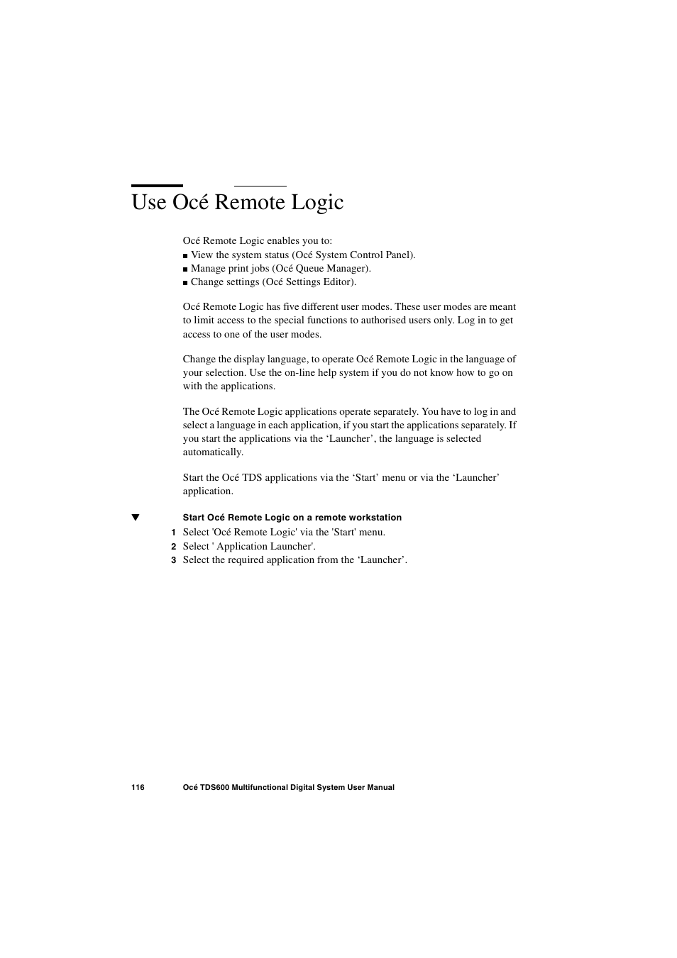 Use océ remote logic, Use océ remote logic 116 | Oce North America TDS600 User Manual | Page 116 / 338